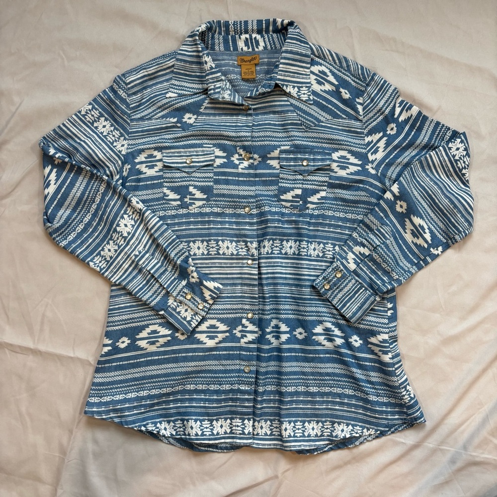 Wrangler Blue and White Aztec Print Button-Up Shirt